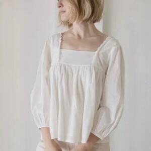Laude the Label Square Neck Top - 100% Organic Cotton Blouse - White - Size L/XL